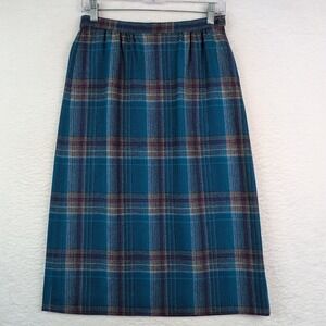 Vintage Pendleton Plaid Wool Skirt Size 6 A-Line Midi Pockets Blue Gray Purple